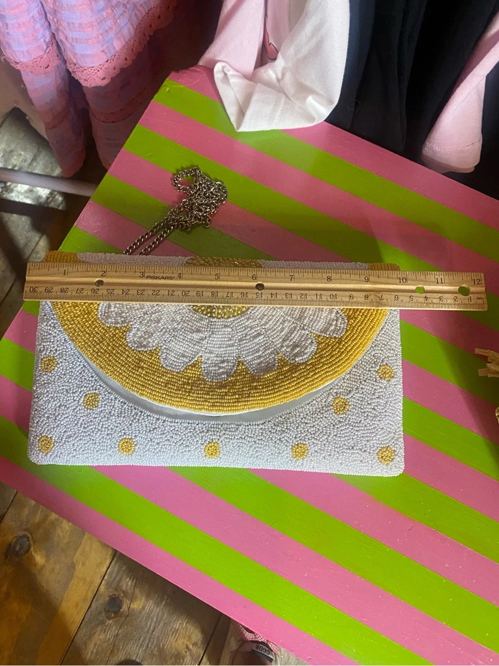 White and Yellow Beaded Floral Clutch with Chain Strap